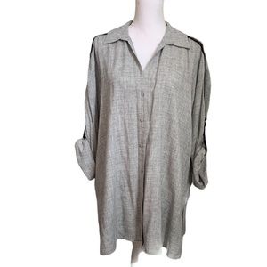 Zara Gray Pull up Sleeve Button Down Long Sleeve Top Size XL